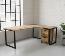 Load image into Gallery viewer, Custom L-shaped office desk made of warm french oak wood with black steel legs and matching 3-drawer pedestal.