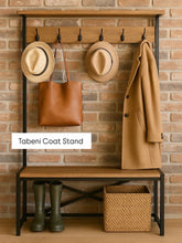 Load image into Gallery viewer, Tabeni coat stand with hats, coat, bag, and boots against a brick wall.