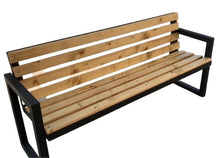 Load image into Gallery viewer, Oregan Oak slatted bench with matte black frame.