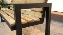 Load image into Gallery viewer, Oregan Oak slatted bench with matte black frame.