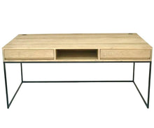 Load image into Gallery viewer, Solid Oak Russell work desk with centre pigeon hole and side draws supported by slim matte black legs.