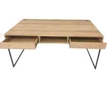 Load image into Gallery viewer, Solid Oak Russell work desk with centre pigeon hole and side draws supported by slim matte black legs.