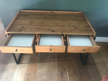 Load image into Gallery viewer, Custom made rustic pine desk with metal legs and three wooden draws.