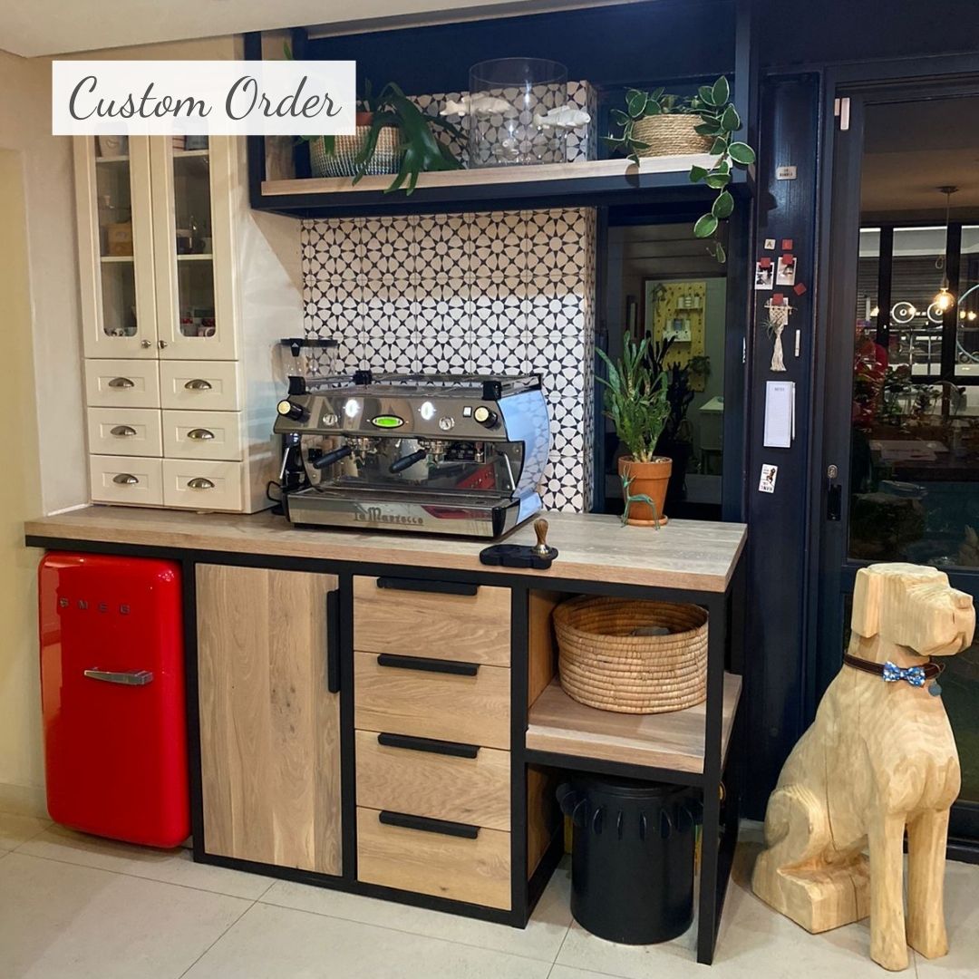 Solid Oak and Matte Black Tubular Metal Coffee Station in new kitchen custom made by Vintage-etc in Johannesburg and Cape Town 
