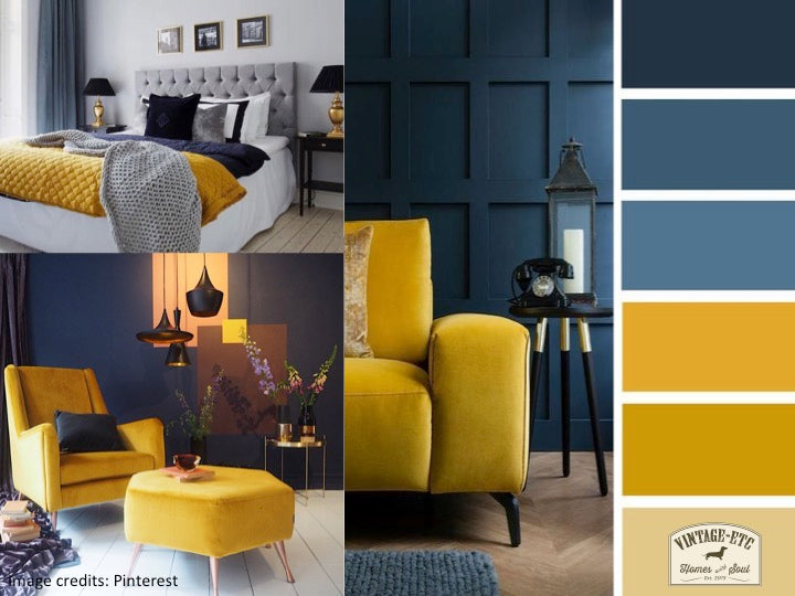 Deep blues with a hint of mustard - winter colours – vintage-etc.com