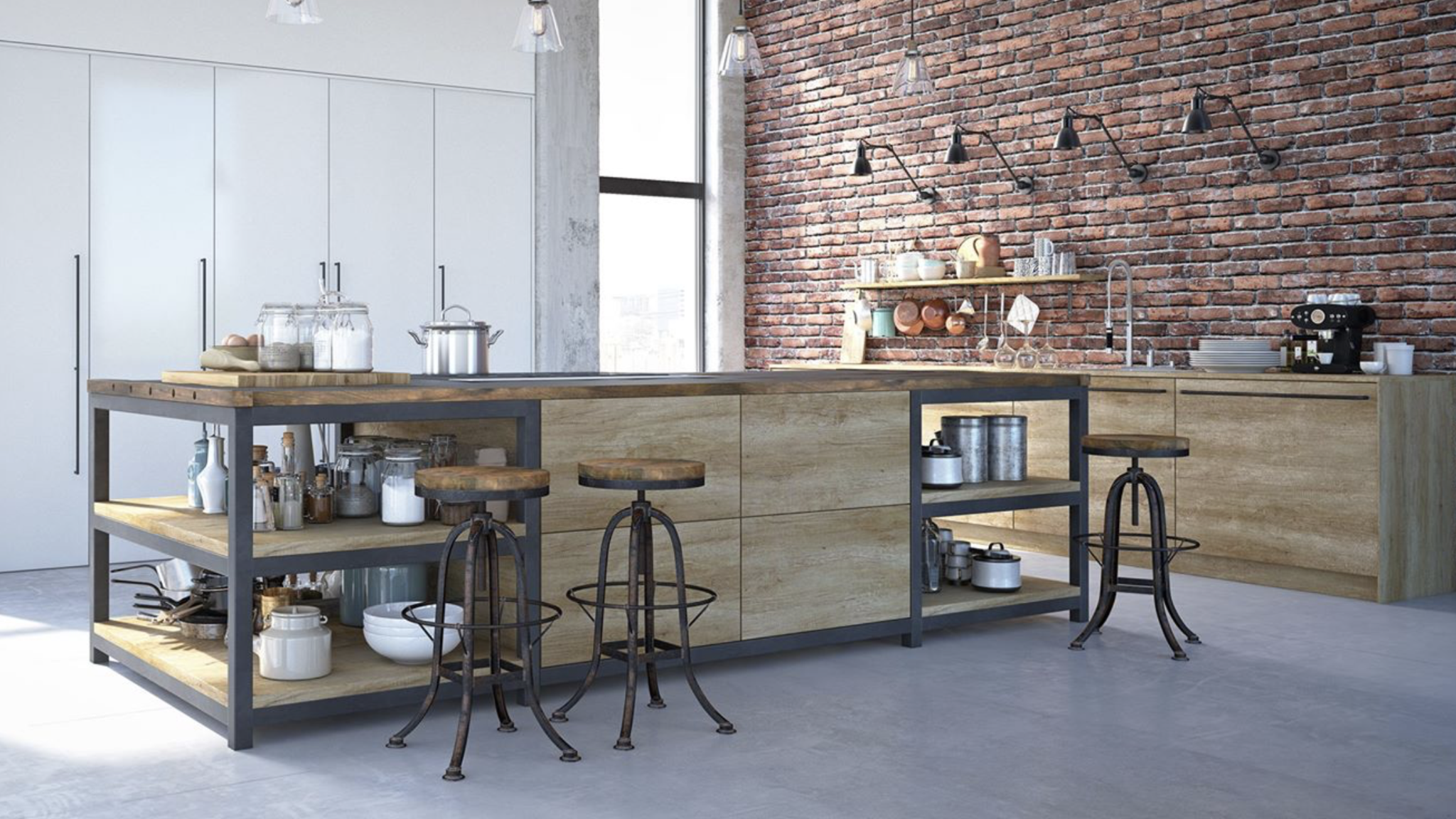 Bespoke Solid Oak & Tubular Metal Modular Kitchen Island