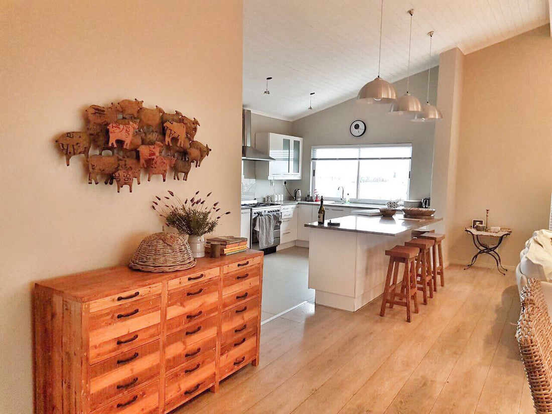 Rustic Server, the chest of drawers and bar stools in their new home
