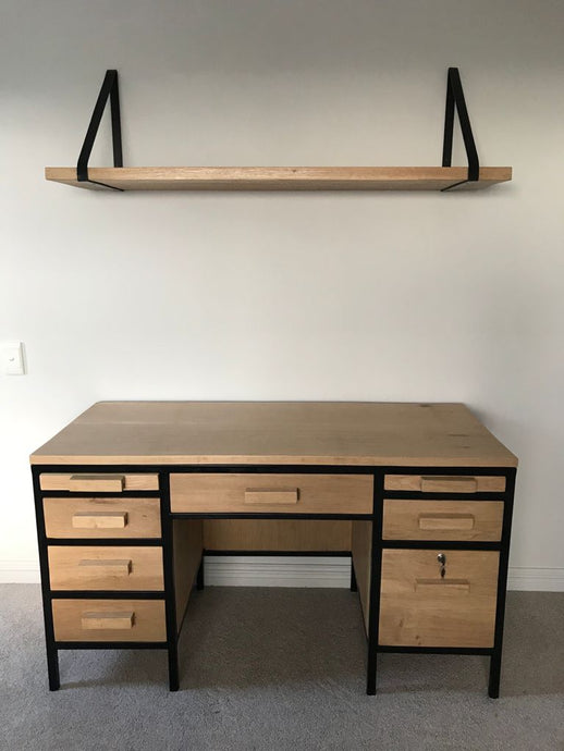 Bespoke Retro Oak study desk & overhanging shelf - custom made for a student in Cape Town