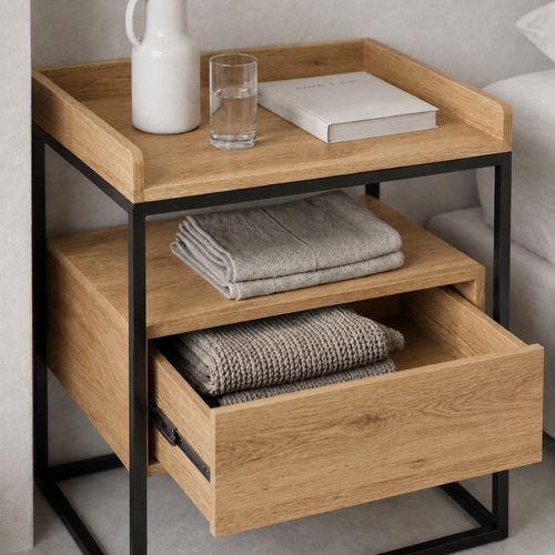 The Amani Bedside Table is made from treated Oregon and tubular metal with an easy-glide drawer and lower shelf. Custom made to order in South Africa.