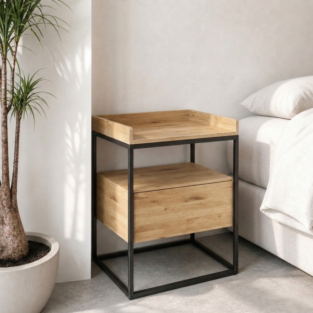 The Amani Bedside Table is made from treated Oregon and tubular metal with an easy-glide drawer and lower shelf. Custom made to order in South Africa.