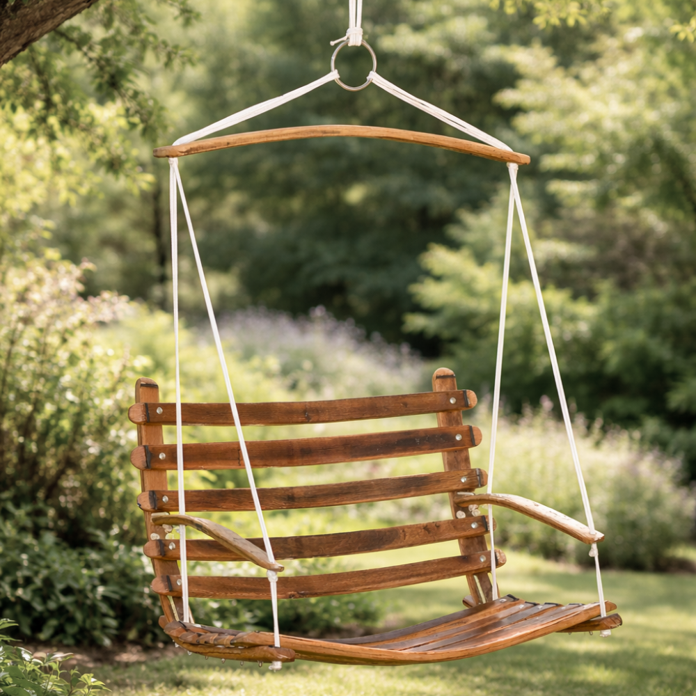 The Aruba Outdoor Swing Chair is handcrafted from 100% recycled Oak wine barrel wood and marine rope. Seats two children. Built to last outdoors.