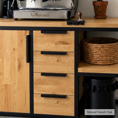 The Bistro Buntu Coffee Station is a fully modular solid Oak unit with a white wash finish. Add drawers, doors, or shelves. Custom made to order in SA.