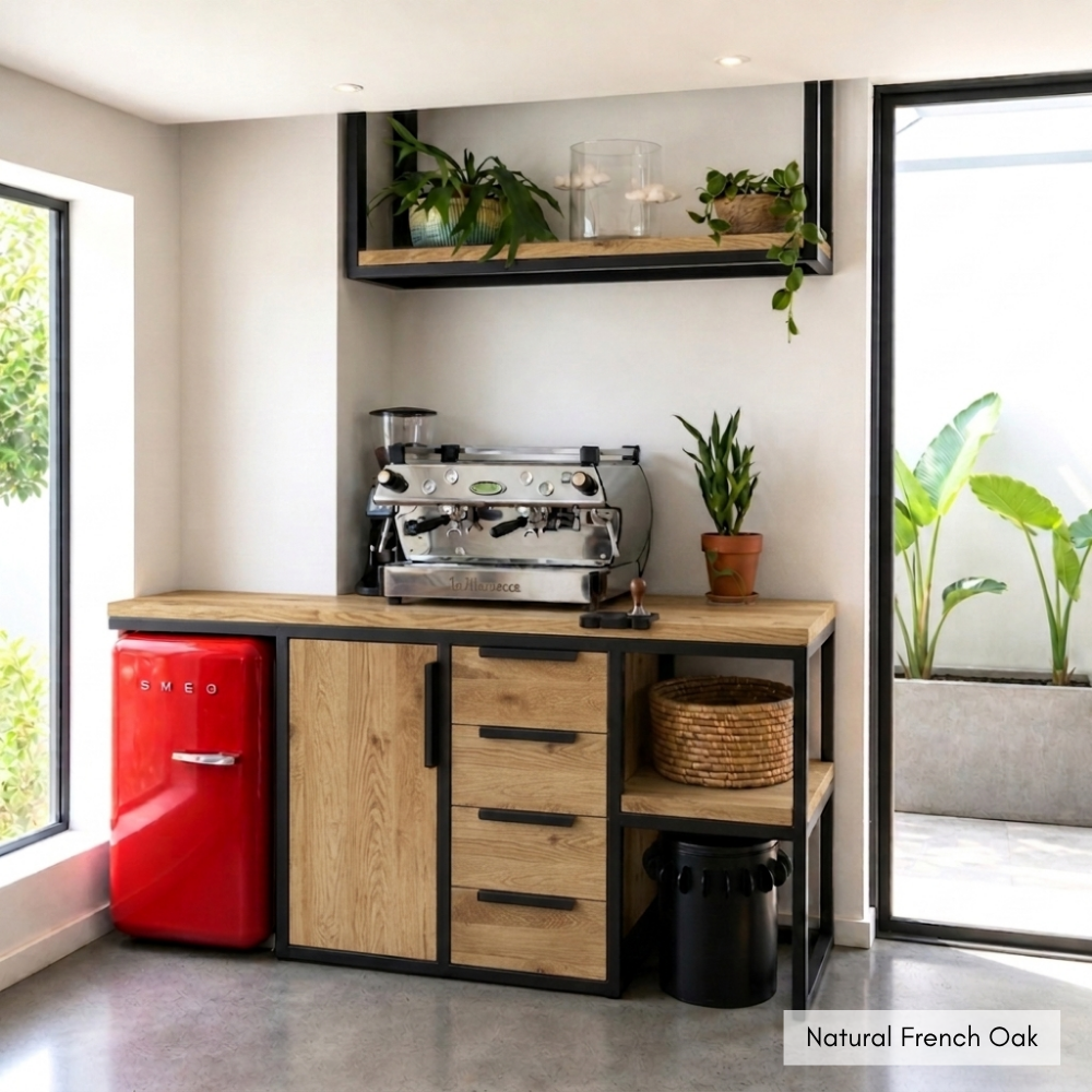 The Bistro Buntu Coffee Station is a fully modular solid Oak unit with a white wash finish. Add drawers, doors, or shelves. Custom made to order in SA.