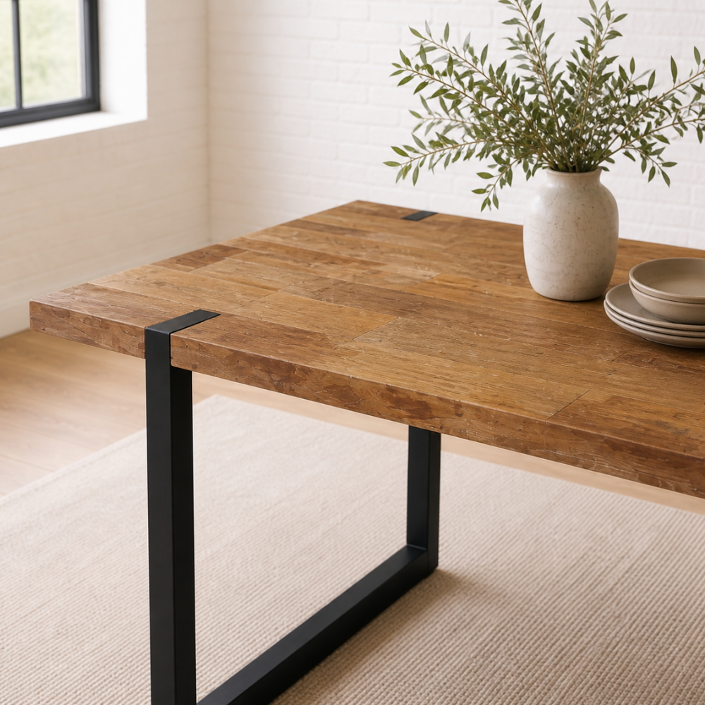 The Bloch Dining Table features a solid timber top on a matte black steel base. Versatile, practical, and best-selling. Custom made to order in SA.