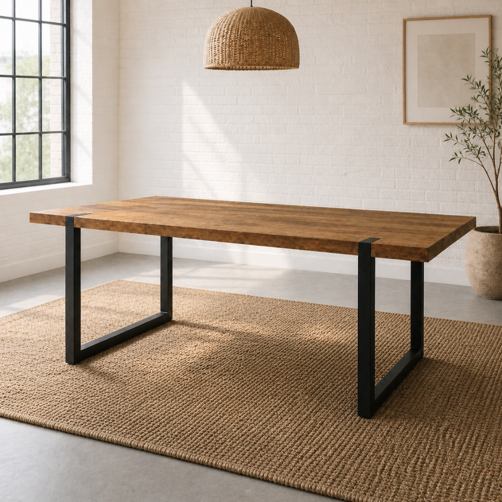 The Bloch Dining Table features a solid timber top on a matte black steel base. Versatile, practical, and best-selling. Custom made to order in SA.