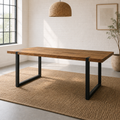 The Bloch Dining Table features a solid timber top on a matte black steel base. Versatile, practical, and best-selling. Custom made to order in SA.