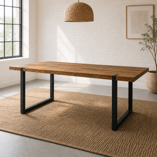 The Bloch Dining Table features a solid timber top on a matte black steel base. Versatile, practical, and best-selling. Custom made to order in SA.
