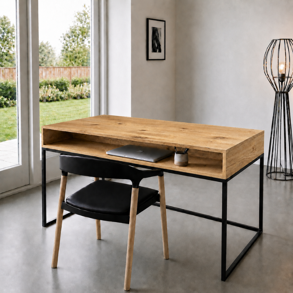 The Boa  Study Desk is custom made in solid Oak on a tubular metal frame with concealed cable panels and surface cable holes. Made to order in SA.