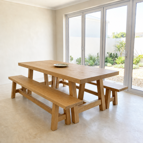 The Chobe A-Leg Table is a classic solid hardwood trestle dining table with a distinctive A-leg base. Custom sizes and finishes available. Made to order.