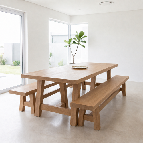 The Chobe A-Leg Table is a classic solid hardwood trestle dining table with a distinctive A-leg base. Custom sizes and finishes available. Made to order.