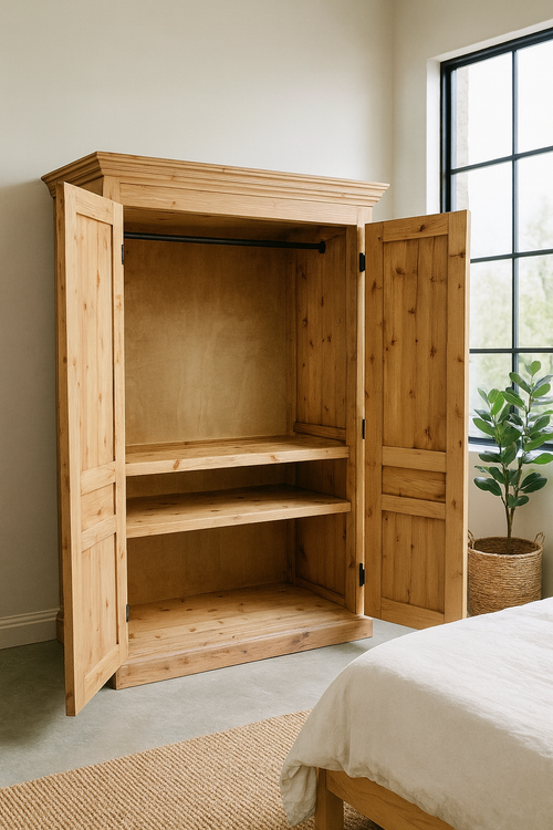 The Constantia Wardrobe is a custom solid timber wardrobe with adjustable shelving, a hanging rail, and veneer back panels. Made to order in SA.