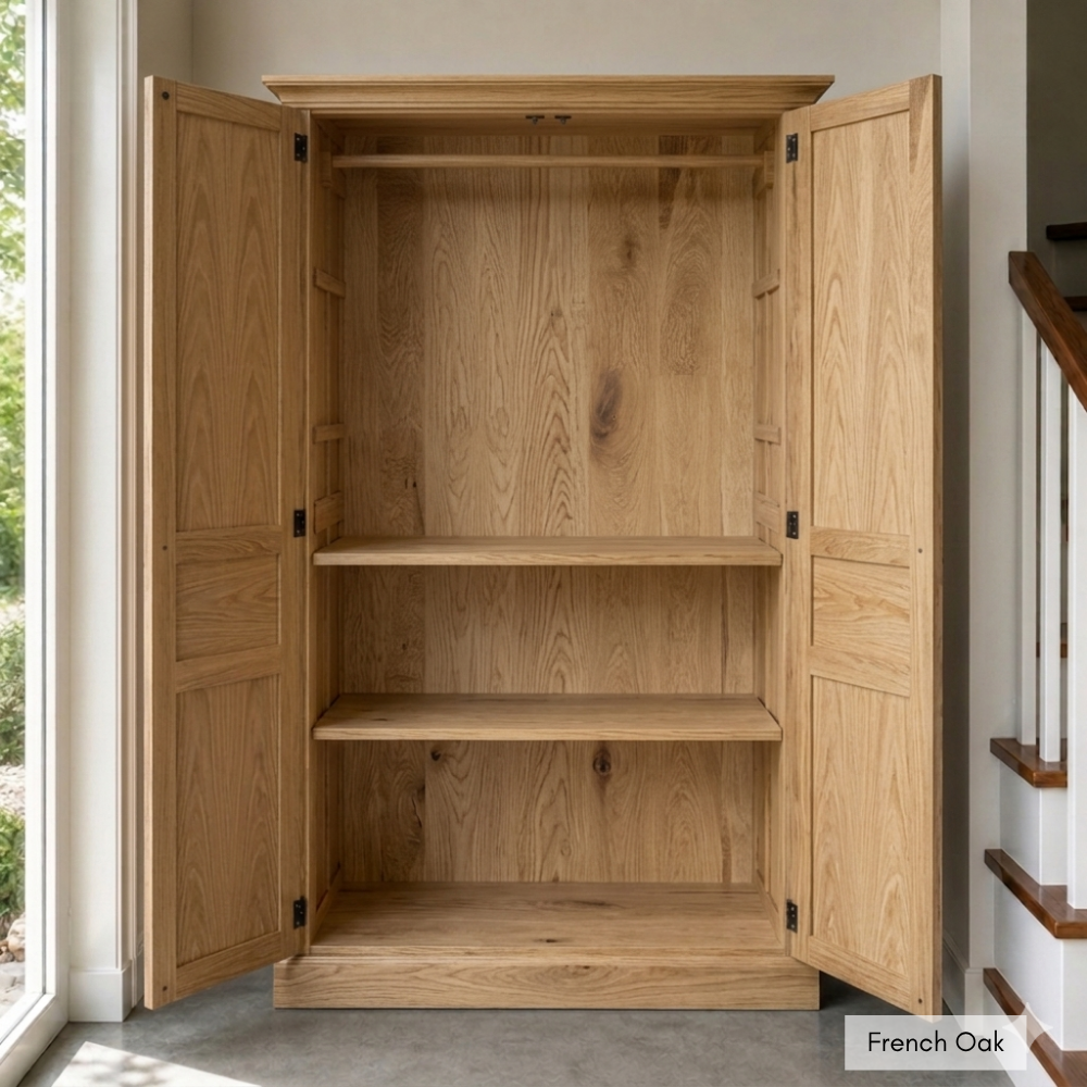The Constantia Wardrobe is a custom solid timber wardrobe with adjustable shelving, a hanging rail, and veneer back panels. Made to order in SA.