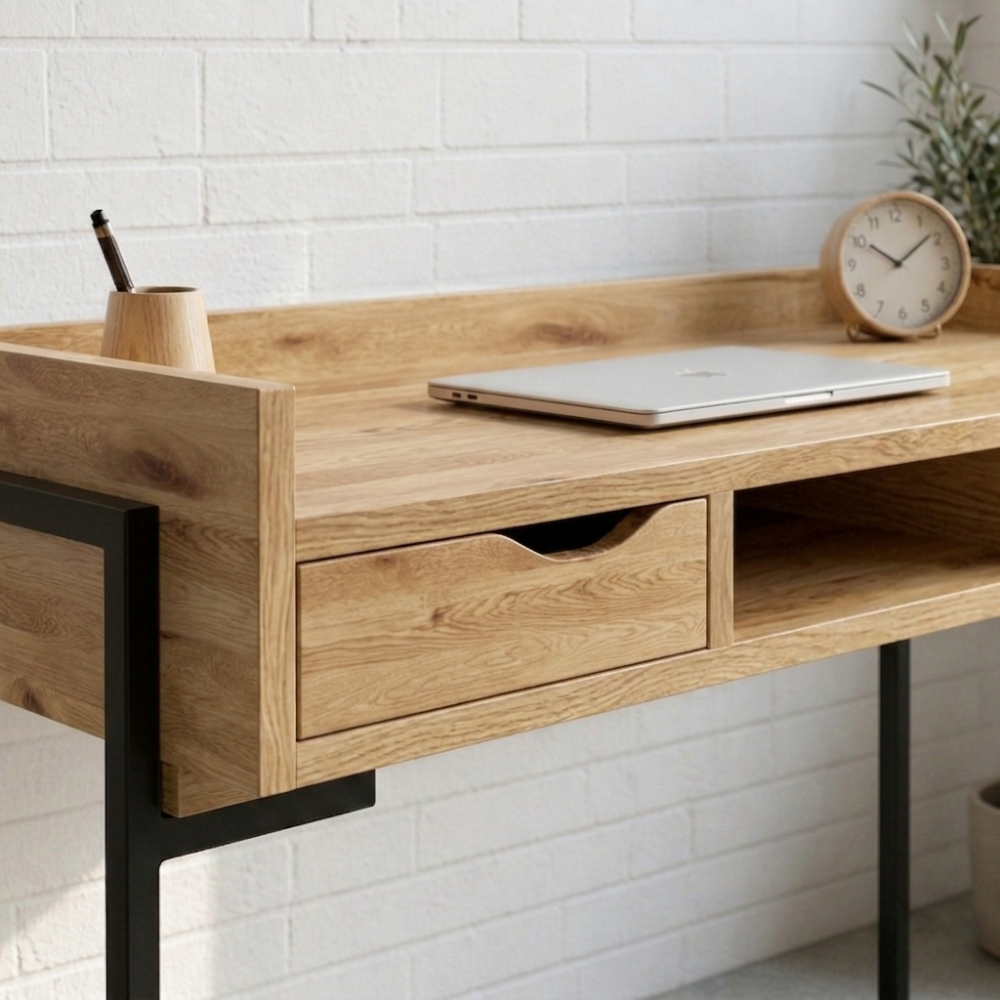 The Delta Desk is built from reclaimed Oregon on tubular legs with two easy-glide drawers and a raised lip top. Fully assembled. Custom made to order.
