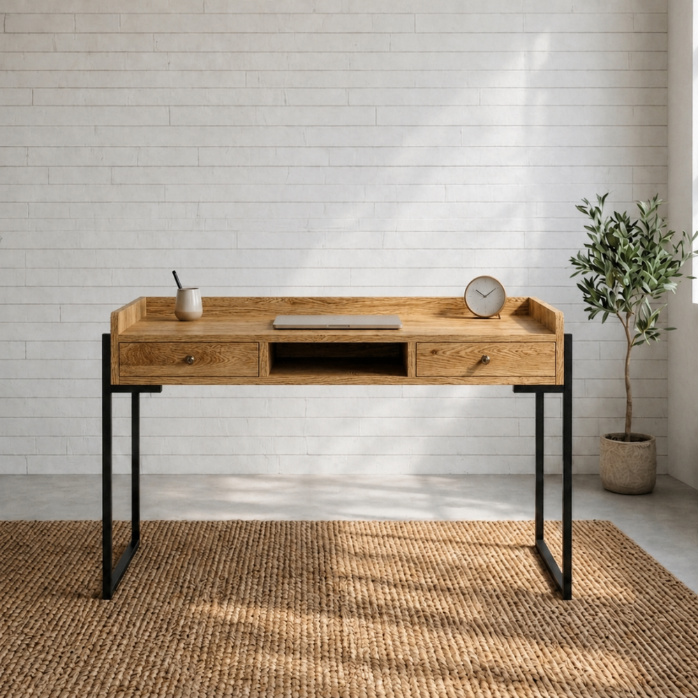 The Delta Desk is built from reclaimed Oregon on tubular legs with two easy-glide drawers and a raised lip top. Fully assembled. Custom made to order.