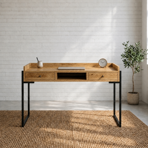 The Delta Desk is built from reclaimed Oregon on tubular legs with two easy-glide drawers and a raised lip top. Fully assembled. Custom made to order.