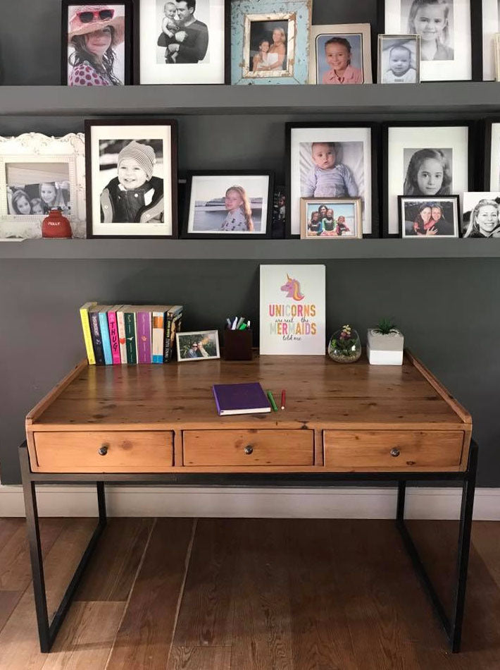 Custom made wooden desk with three draws. 