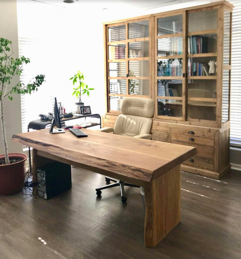 Custom Made large wooden desk with wooden legs and rustic appearance. 