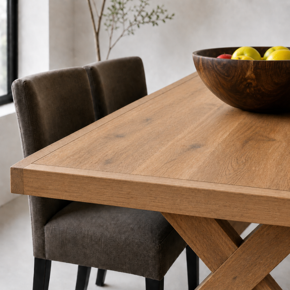 The Framed Border Cross Leg Table has a solid timber top with a framed perimeter border and a sturdy cross-leg base. Custom made to order in SA.