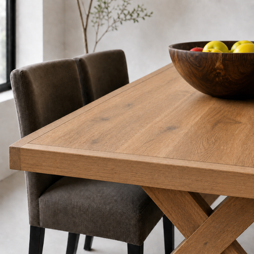The Framed Border Cross Leg Table has a solid timber top with a framed perimeter border and a sturdy cross-leg base. Custom made to order in SA.