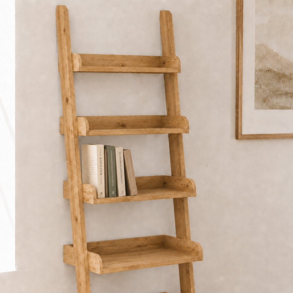 The Khwela Ladder Shelf is a handcrafted rustic Pine ladder shelving unit. Stylish, compact, and versatile. Custom made to order in South Africa.