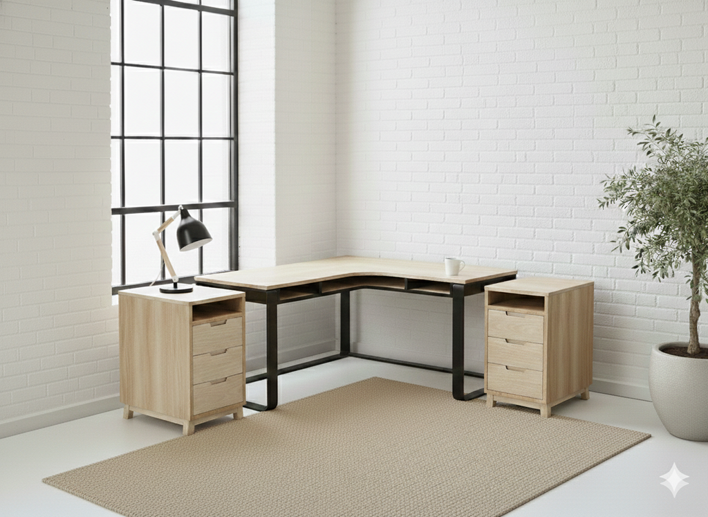 The Kiki L-Shape Desk features a solid Ash timber top on a matte black flat-bar steel frame with under-desk cubbies. Custom made to order in South Africa.