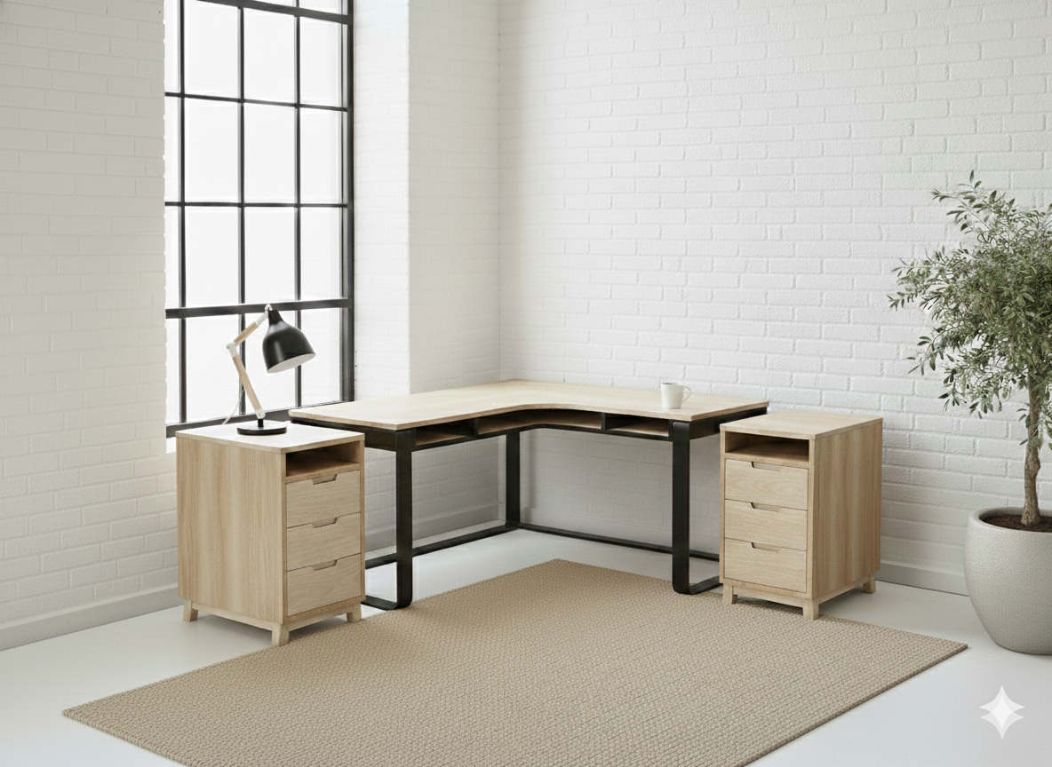 The Kiki L-Shape Desk features a solid Ash timber top on a matte black flat-bar steel frame with under-desk cubbies. Custom made to order in South Africa.