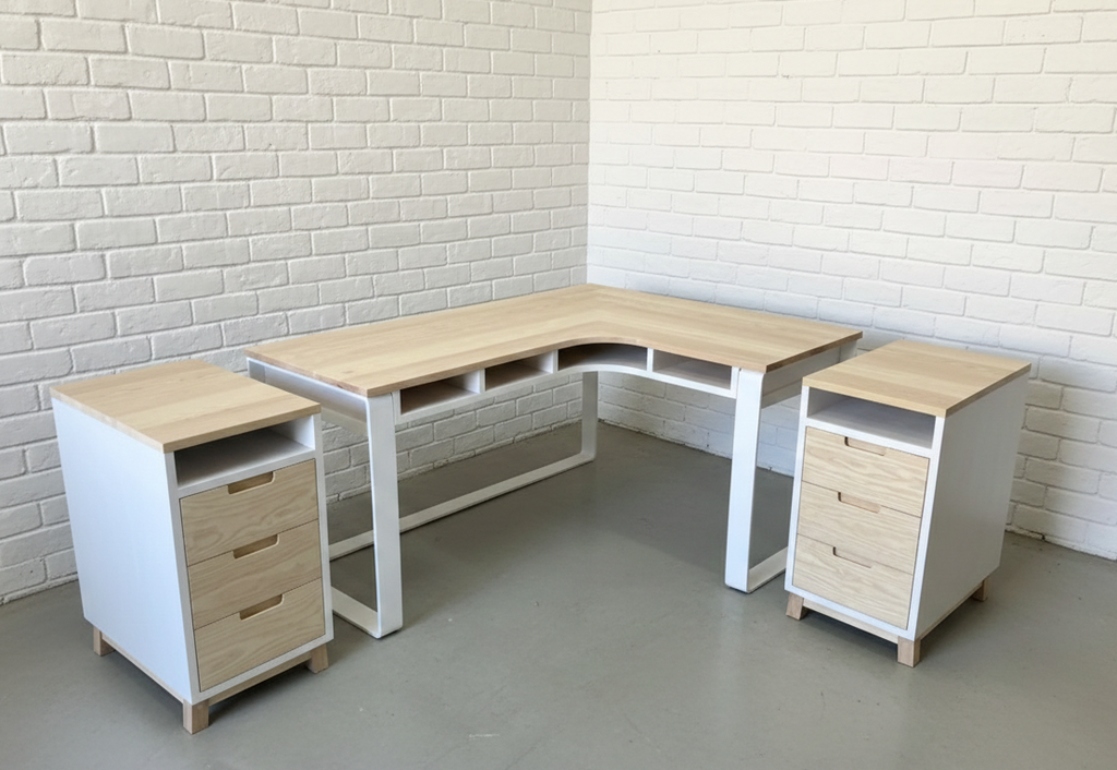 The Kiki L-Shape Desk features a solid Ash timber top on a matte black flat-bar steel frame with under-desk cubbies. Custom made to order in South Africa.
