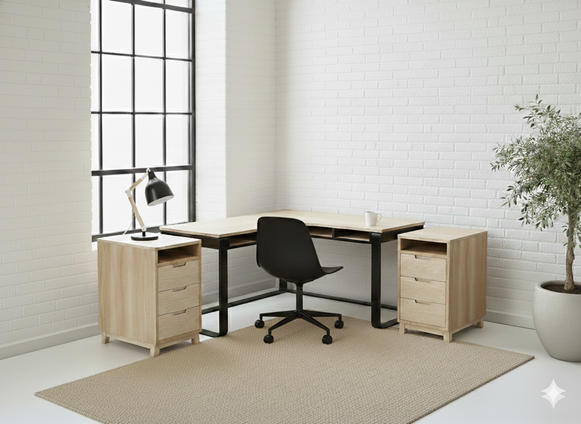 The Kiki L-Shape Desk features a solid Ash timber top on a matte black flat-bar steel frame with under-desk cubbies. Custom made to order in South Africa.