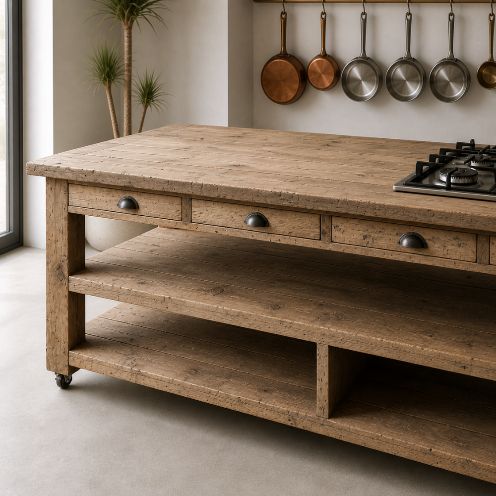 The Knysna Reclaimed Wood Island features 360-degree access, bar stool overhang, and open shelving. Custom made to your size in South Africa.