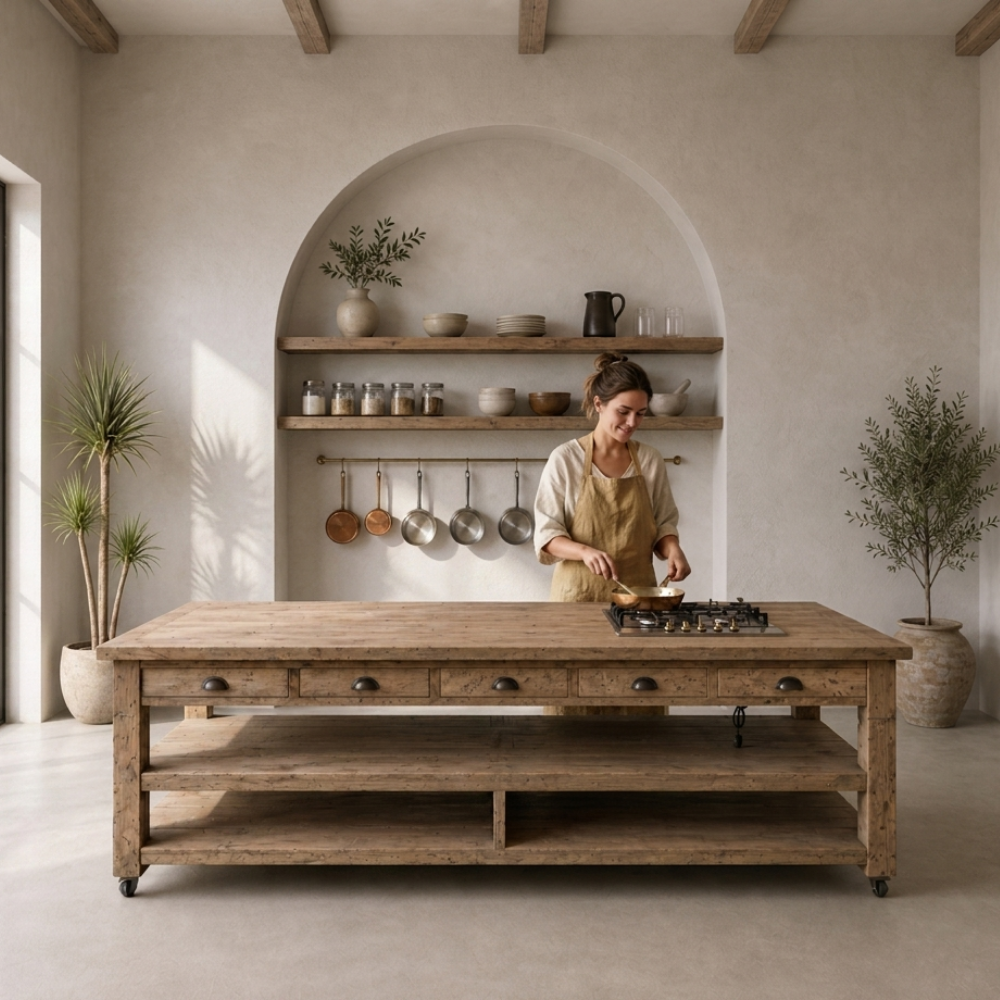 The Knysna Reclaimed Wood Island features 360-degree access, bar stool overhang, and open shelving. Custom made to your size in South Africa.