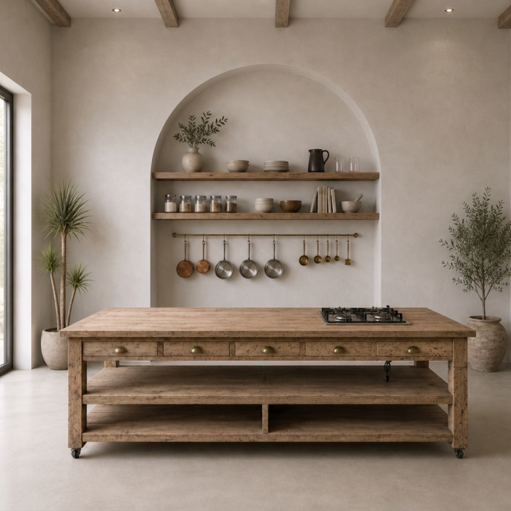 The Knysna Reclaimed Wood Island features 360-degree access, bar stool overhang, and open shelving. Custom made to your size in South Africa.