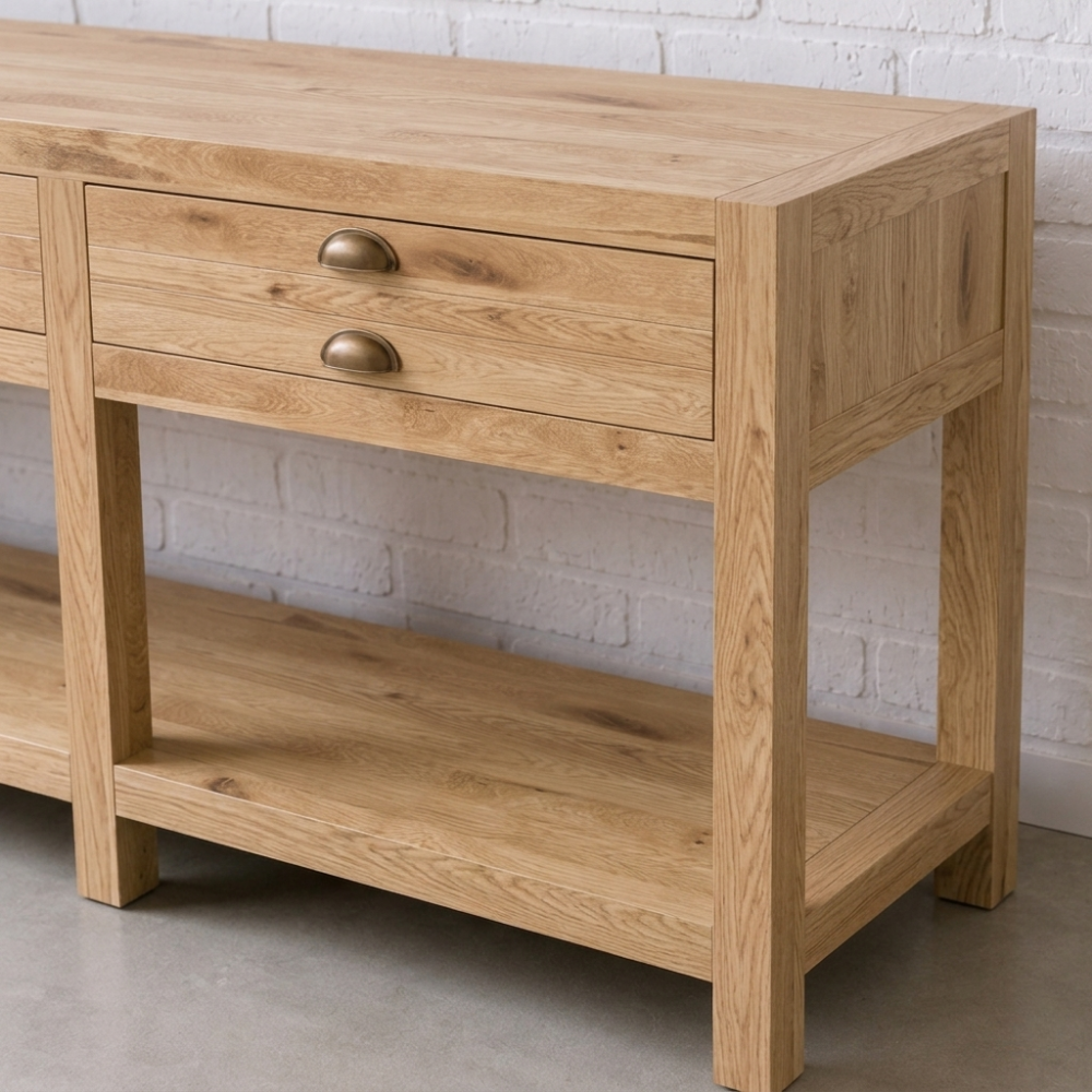 The Lapa Server is a reclaimed Fir sideboard with antique brass cup handles and six deep drawers. Farm-style character. Made to order in SA.