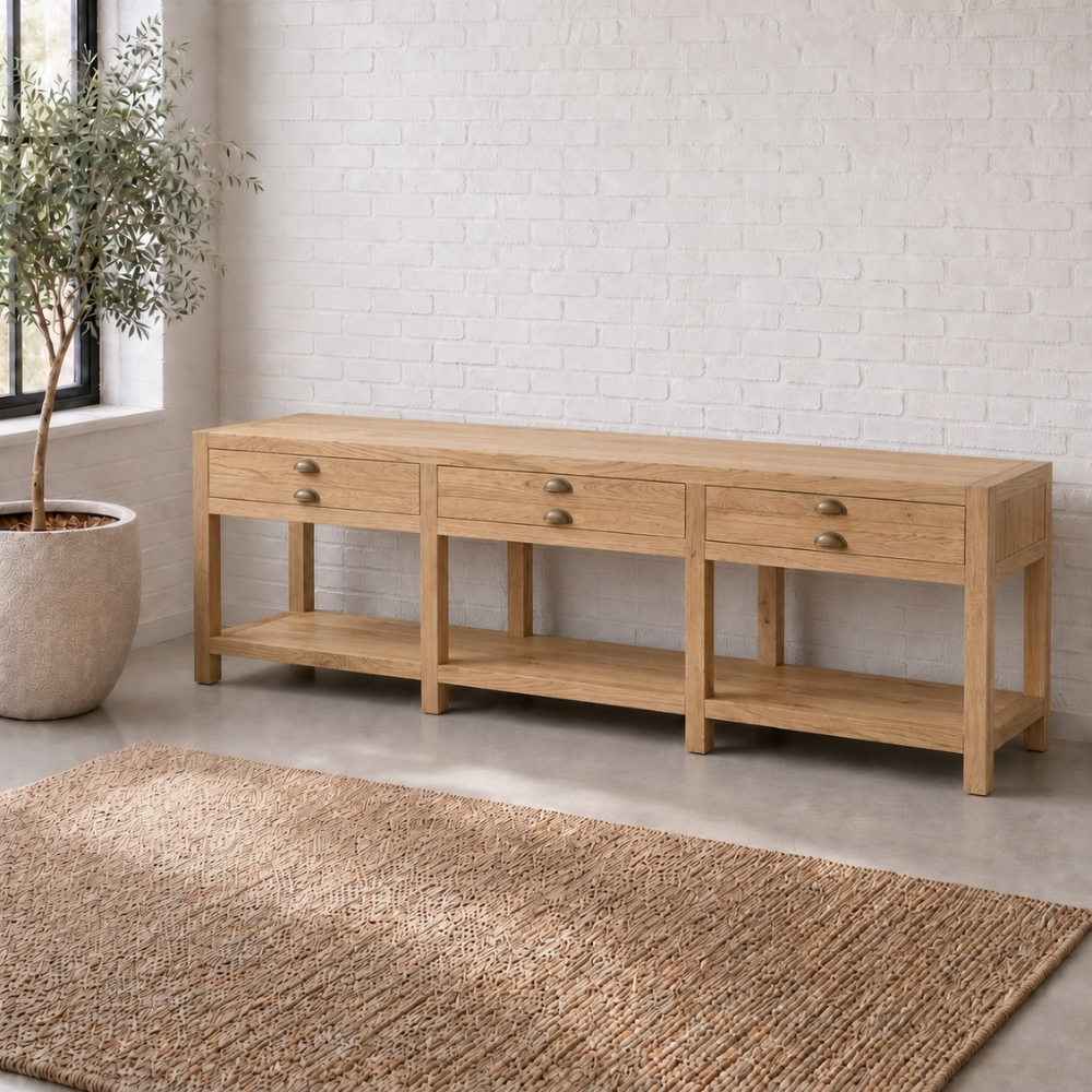 The Lapa Server is a reclaimed Fir sideboard with antique brass cup handles and six deep drawers. Farm-style character. Made to order in SA.