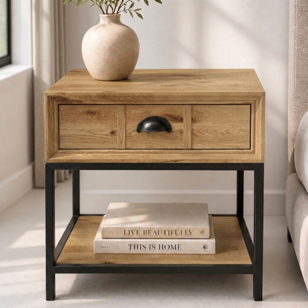 The Latika Nightstand is made from reclaimed Oak with powder-coated metal legs. A compact bedside piece with genuine urban character.