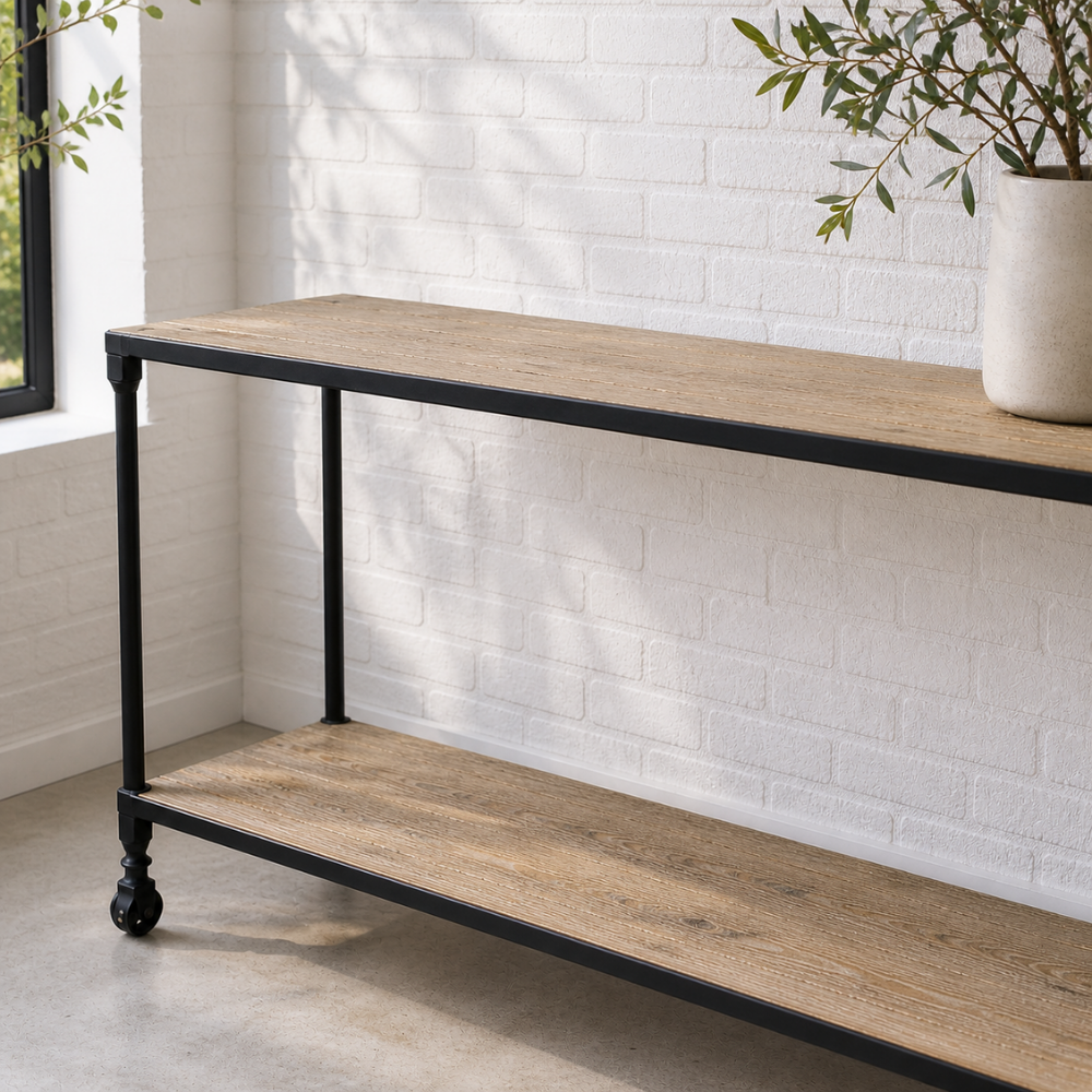 The Lesedi Console is built from reclaimed Elm on powder-coated metal legs. Works as a hallway table or media unit. Characterful and versatile.