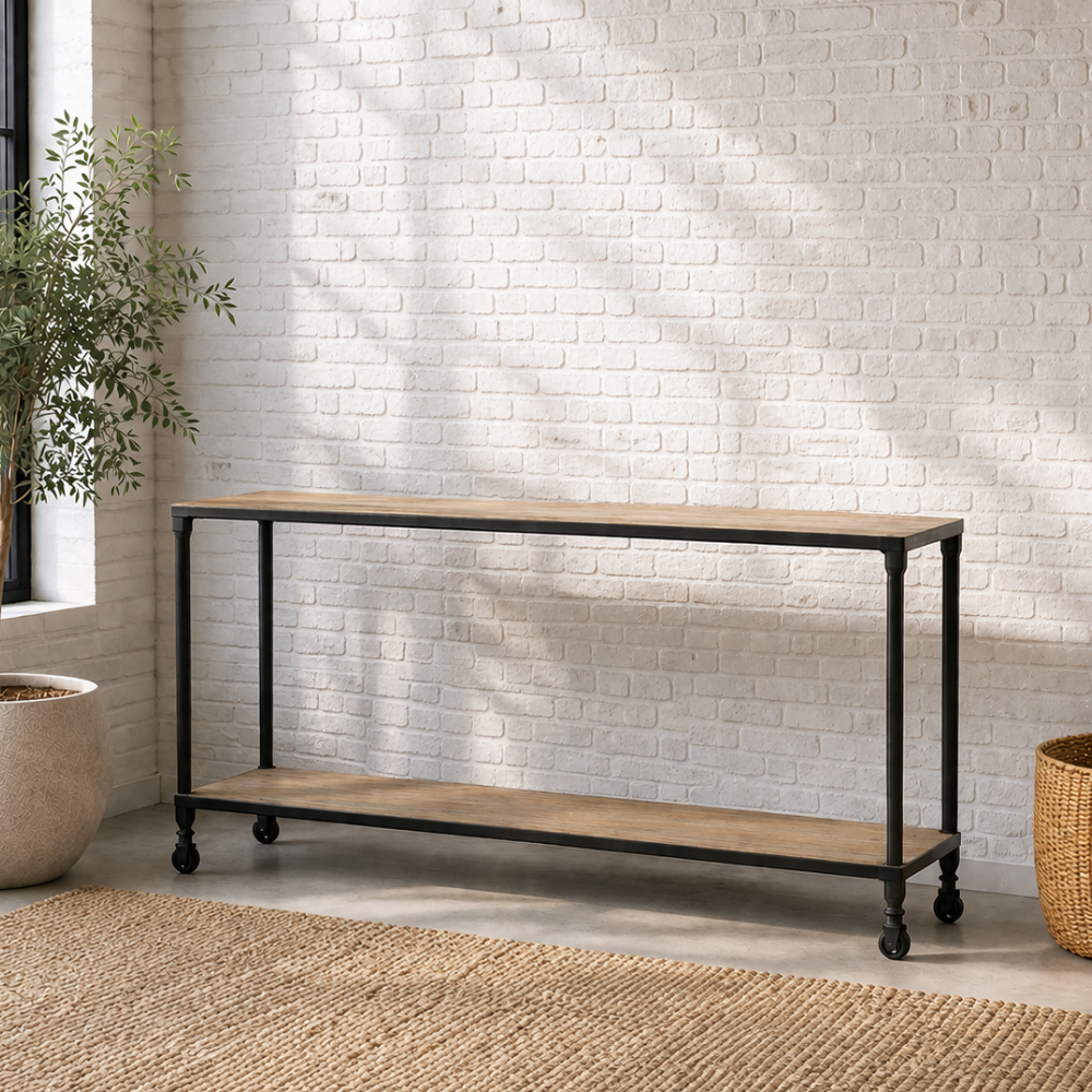The Lesedi Console is built from reclaimed Elm on powder-coated metal legs. Works as a hallway table or media unit. Characterful and versatile.