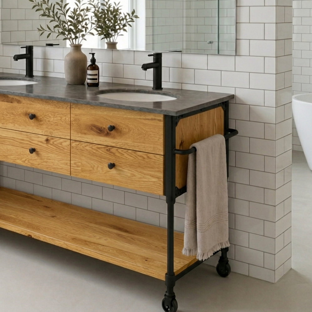 The Loft Living Double Vanity Unit is custom made from reclaimed Oregon and black powder-coated steel. Stone tops and basins quoted separately.