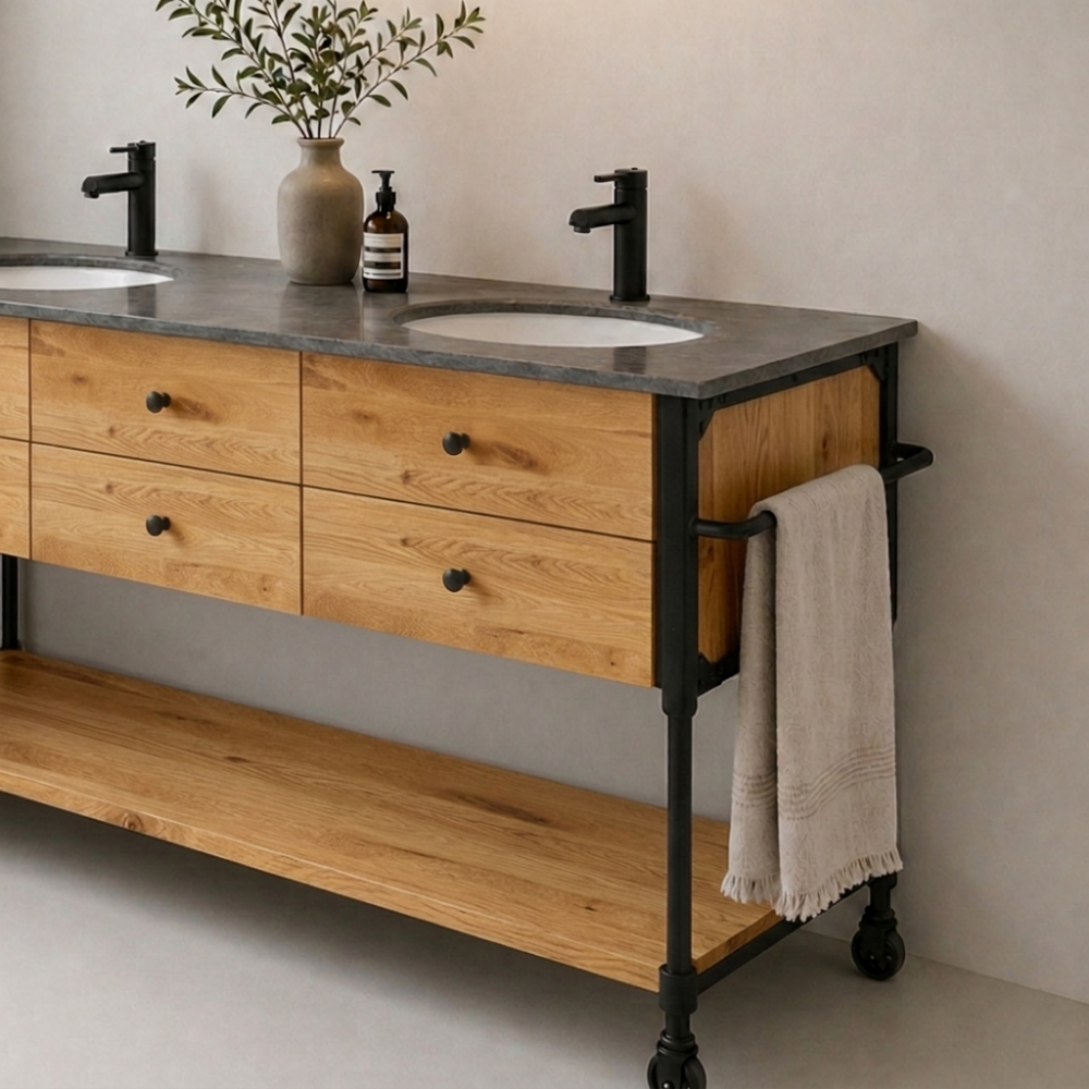 The Loft Living Double Vanity Unit is custom made from reclaimed Oregon and black powder-coated steel. Stone tops and basins quoted separately.