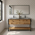 The Loft Living Double Vanity Unit is custom made from reclaimed Oregon and black powder-coated steel. Stone tops and basins quoted separately.