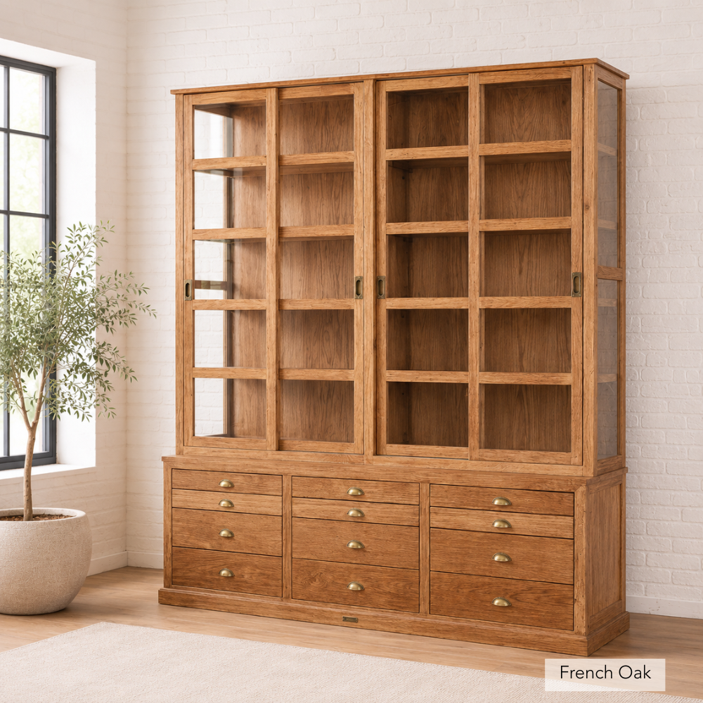The Mara Molly Cabinet is a handcrafted solide timber display cabinet with glass sliding doors and drawers. Minor on-site assembly required.